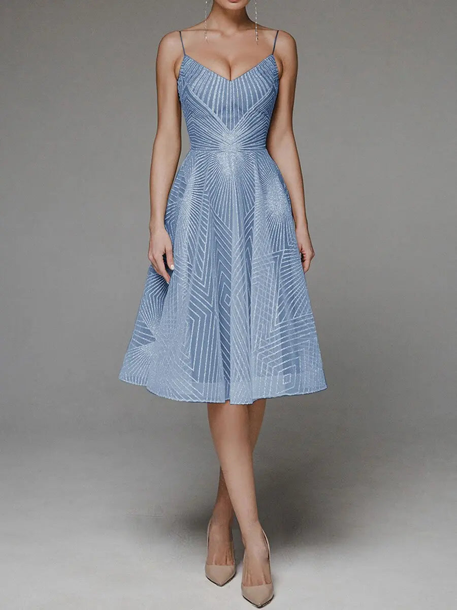 Women's Cocktail Dress - A-Line Fit - V-Neck Spaghetti Straps - Knee-Length Elegant Wear