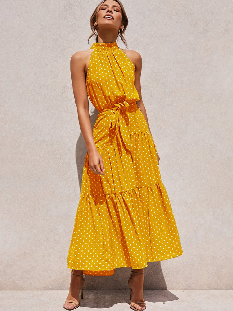 Women's Halter Midi Dress - Polka Dot Print - Fit-and-Flare - Waist Tie - Flowy