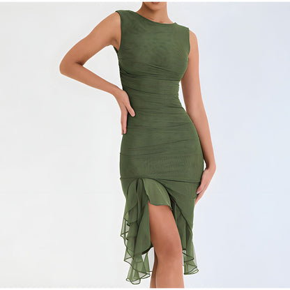 Women's Sleeveless Cocktail Dress - Ruched Bodycon Fit - Asymmetrical Ruffle Hem