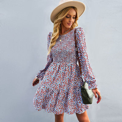 Women's Floral Mini Dress - A-Line Silhouette - Smocked Waist - Long Sleeve Round Neck