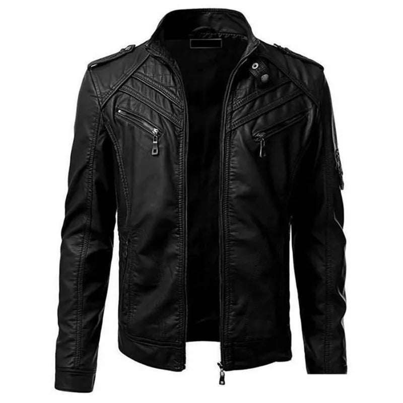 Men's leather jacket with stand collar and zipper pockets