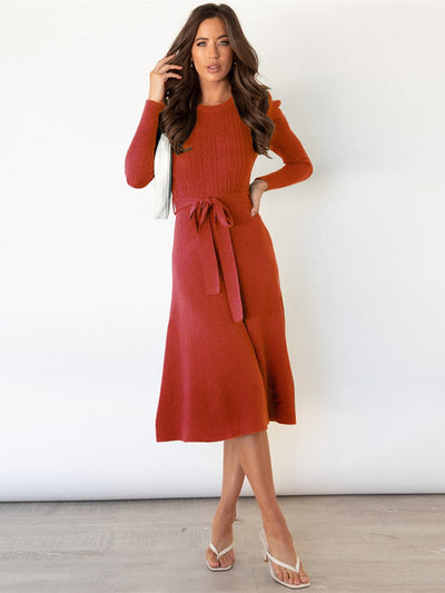 Women's Knit Midi Dress - Fit and Flare - Long Sleeve - Round Neck - Tie Waist Elegant Wear