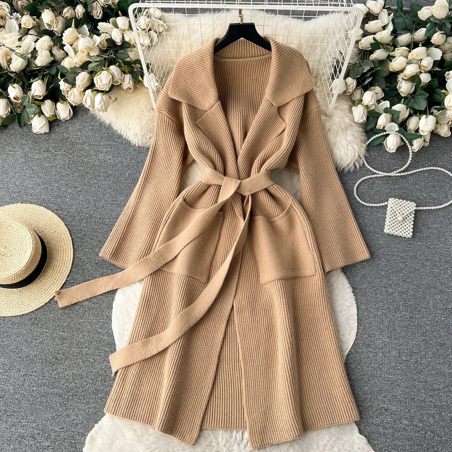 Women's loose knit coat with lapel collar