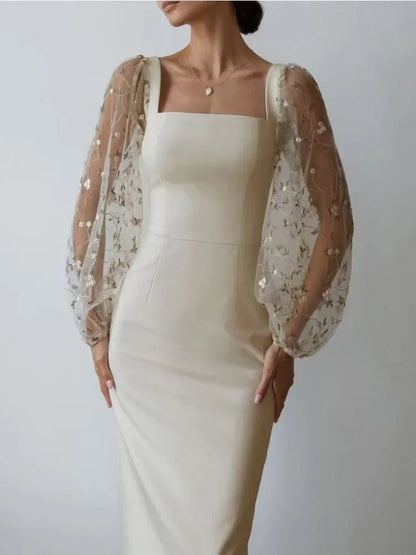 Women’s Midi Dress – Slim Fit – Sheer Embroidered Sleeves – Square Neck – Formal Wear