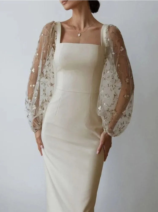 Women’s Midi Dress – Slim Fit – Sheer Embroidered Sleeves – Square Neck – Formal Wear