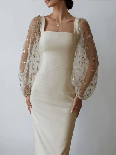 Women’s Midi Dress – Slim Fit – Sheer Embroidered Sleeves – Square Neck – Formal Wear