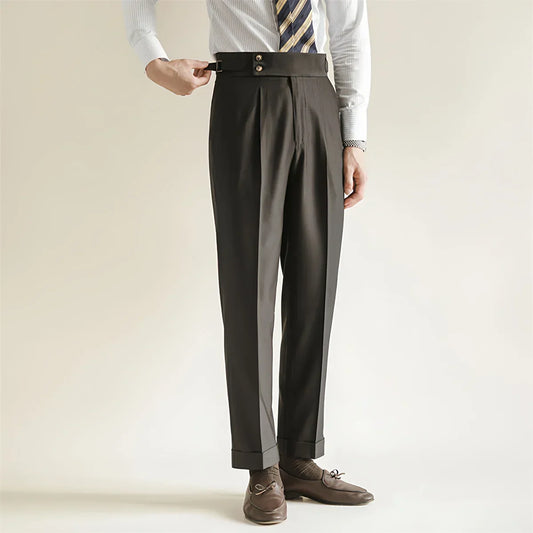 Men’s Tailored Trousers – Wool Blend – High-Rise – Pleated Front – Cuffed Hem