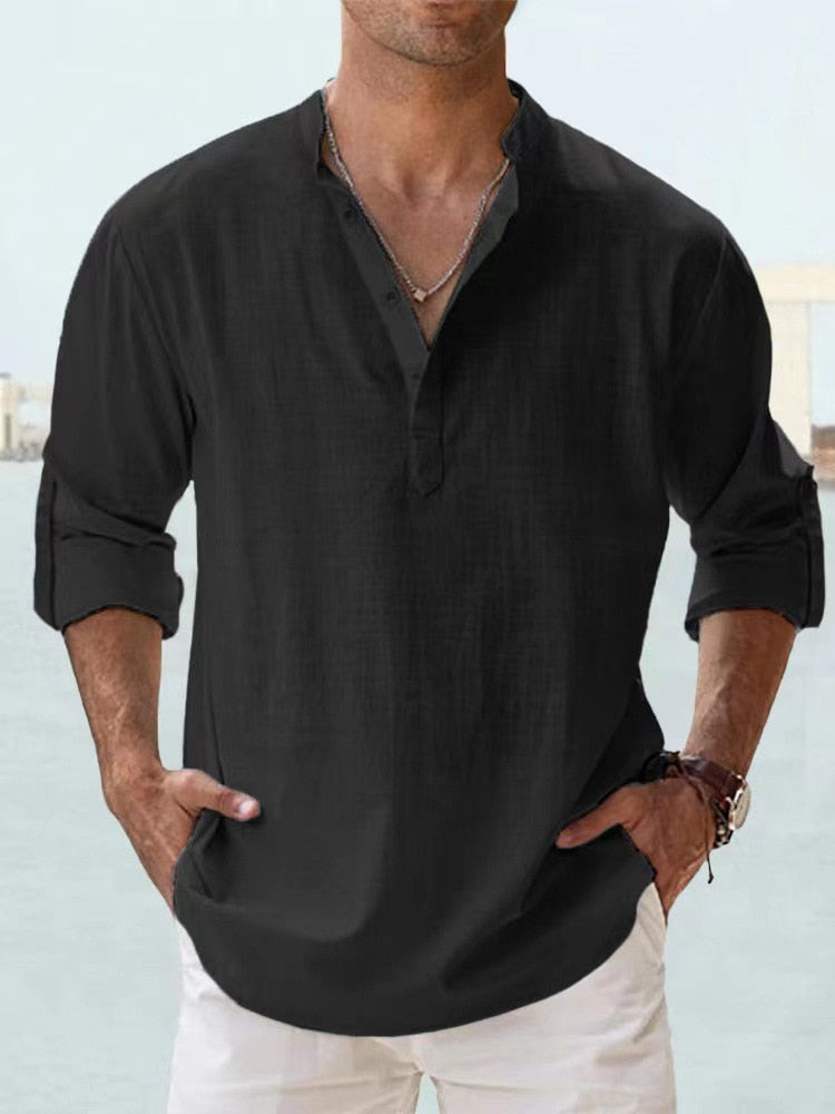 Men’s Henley Shirt - Breathable Cotton Linen - Relaxed Fit - Long Sleeve Band Collar