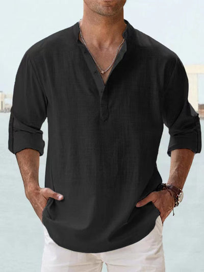 Men’s Henley Shirt - Breathable Cotton Linen - Relaxed Fit - Long Sleeve Band Collar