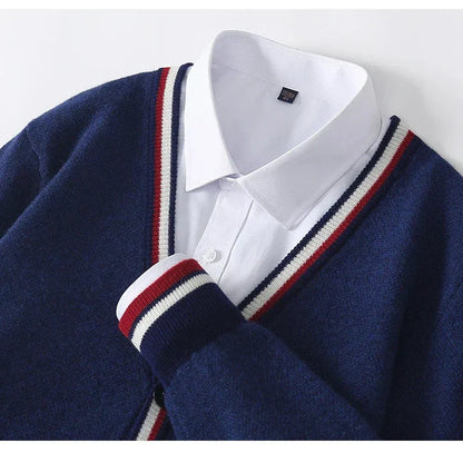 Men’s Cardigan – Wool Blend Knit – Relaxed Fit – V-Neck – Button-Up – Ribbed Trim