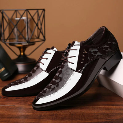 Men’s Dress Shoes – Shiny PU Leather – Pointed Toe – Patterned Panels – Formal Fit