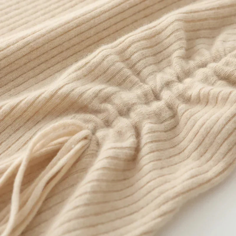 Women's Ribbed Knit Midi Dress - Long Sleeve - Gathered Side - Flared Hem