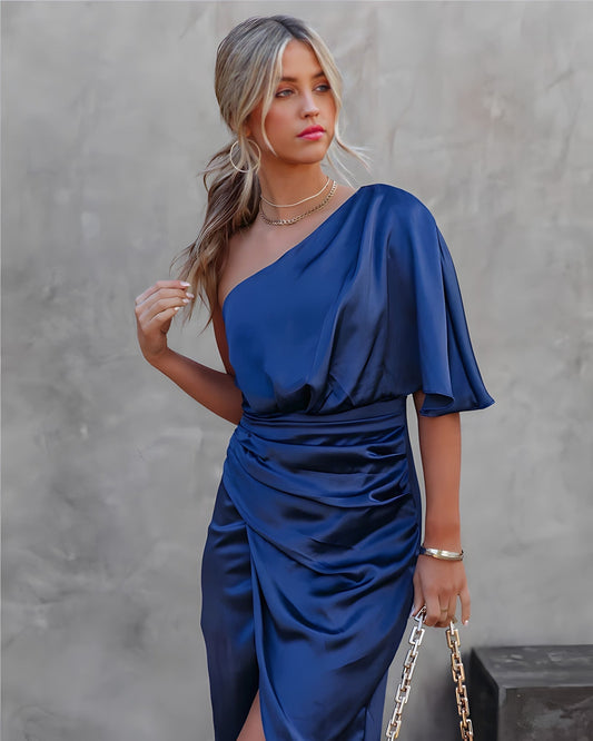 Women's One-Shoulder Satin Dress - Draped Waist - Form-Fitting Elegant Wear