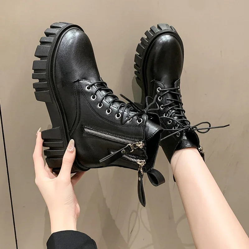 Women's Chunky Combat Boots - Lace-Up - Platform Sole - Side Zip - Edgy Street Style