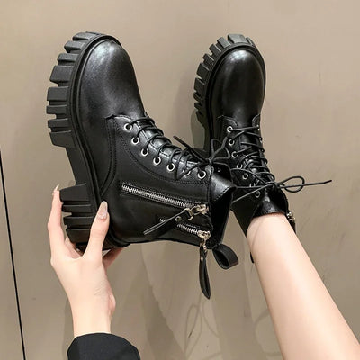 Women's Chunky Combat Boots - Lace-Up - Platform Sole - Side Zip - Edgy Street Style