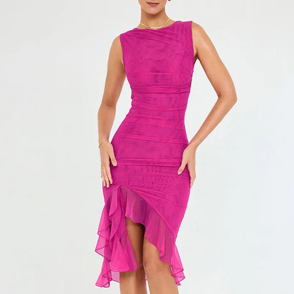 Women's Bodycon Midi Dress - Sleeveless High Neck - Asymmetrical Ruffle Hem