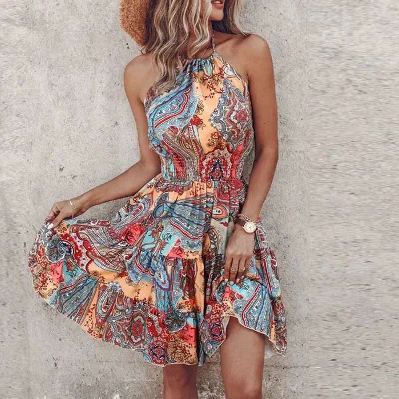 Women’s Mini Dress – Relaxed Fit – Halter Neck – Smocked Waist – Bohemian Print – Breathable Blend
