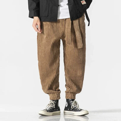 Men's casual loose ribbed harem corduroy pants with belt