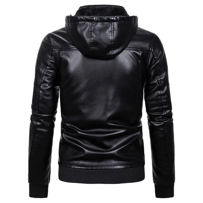 Men's pu leather jacket with a hood