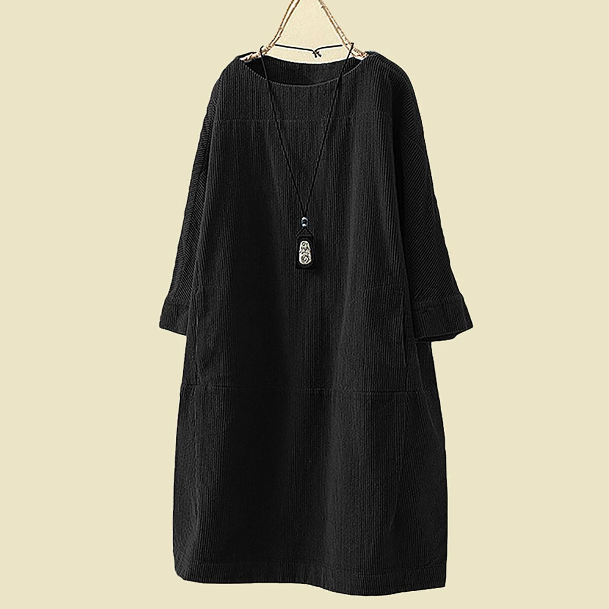 Women's Corduroy Dress - Relaxed Fit - Knee-Length - 3/4 Sleeve Minimalist Style