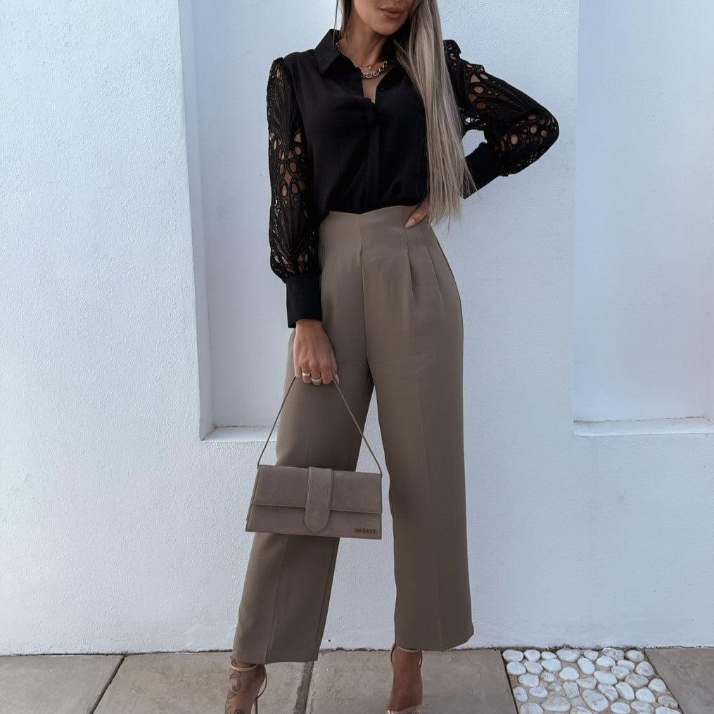 Women's Blouse - Silky Finish - Lace Long Sleeves - Button-Down Elegant Style