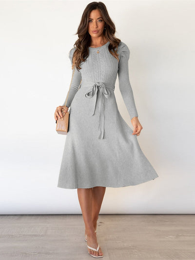 Women's Knit Midi Dress - Fit and Flare - Long Sleeve - Round Neck - Tie Waist Elegant Wear
