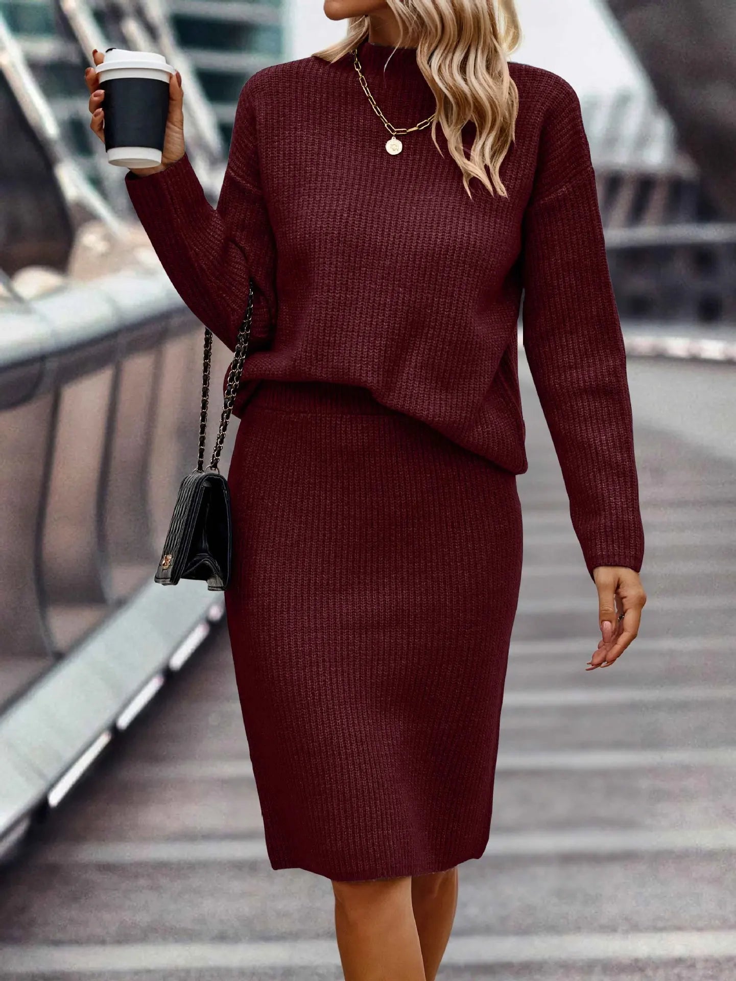 Women's Knitted Sweater and Skirt Set - High Neck - Long Sleeve - Fitted Pencil Skirt