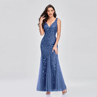 Women's Evening Prom Gown - Sleeveless V-Neck - Sequin Embellished - Floor-Length Elegant Fit