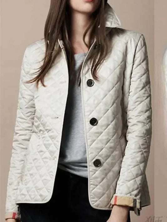 Women’s Quilted Jacket – Tailored Fit – Diamond Pattern – High Collar – Button Front