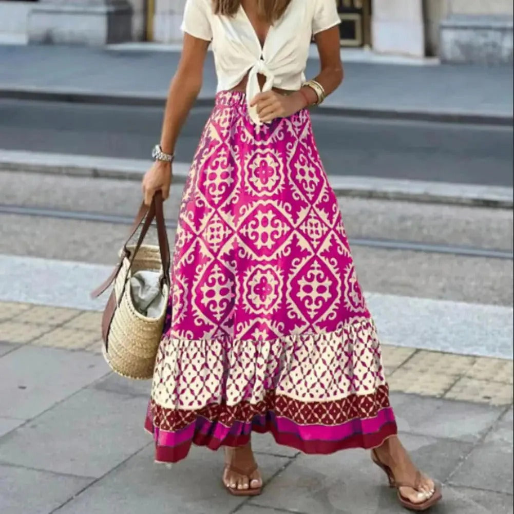 Women’s Maxi Skirt – High Waist – Flowy Fit – Breathable Blend – Boho Ruffle Hem