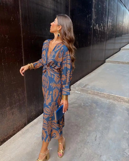Women's Midi Wrap Dress - V-Neck - Long Sleeve - Elegant Pattern - Adjustable Fit