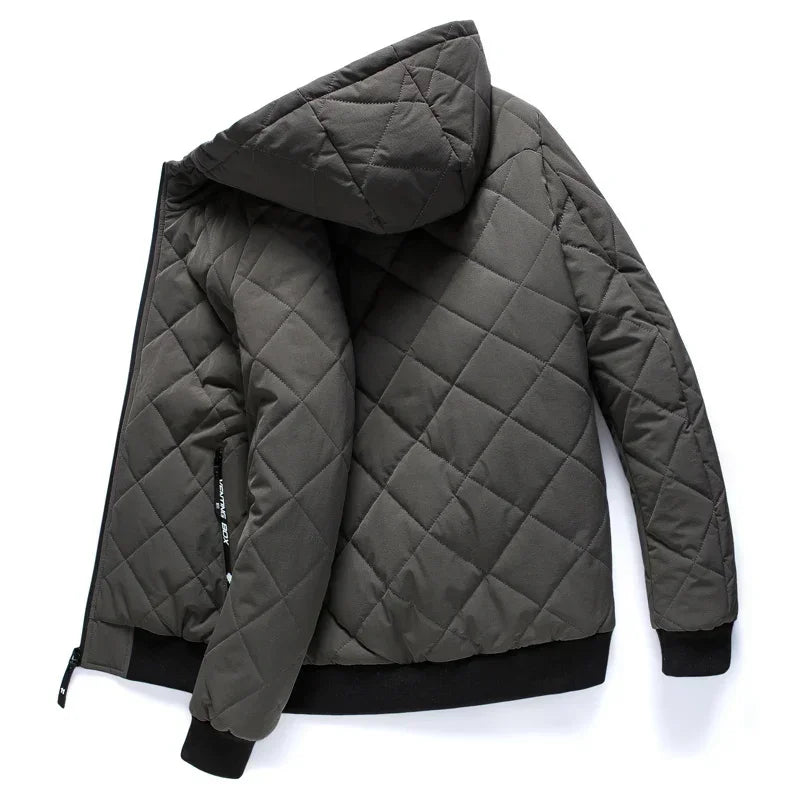 Men’s Quilted Jacket - Hooded - Diamond Stitch - Ribbed Cuffs & Hem - Zipped Pockets