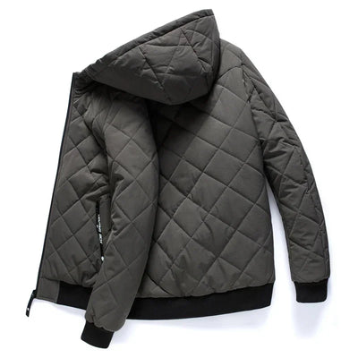 Men’s Quilted Jacket - Hooded - Diamond Stitch - Ribbed Cuffs & Hem - Zipped Pockets