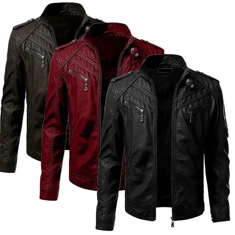 Men's leather jacket with stand collar and zipper pockets