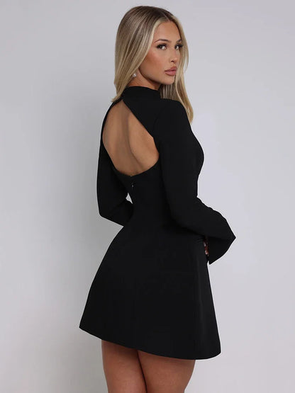 Women's Mini Dress - High Neck - Long Sleeve - Tailored Fit - A-Line Silhouette