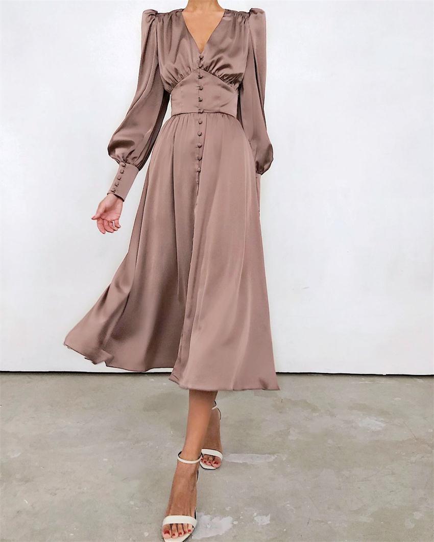 Women's Midi Dress - Satin Finish - V-Neck - Puff Sleeve - Button Front Elegant Fit