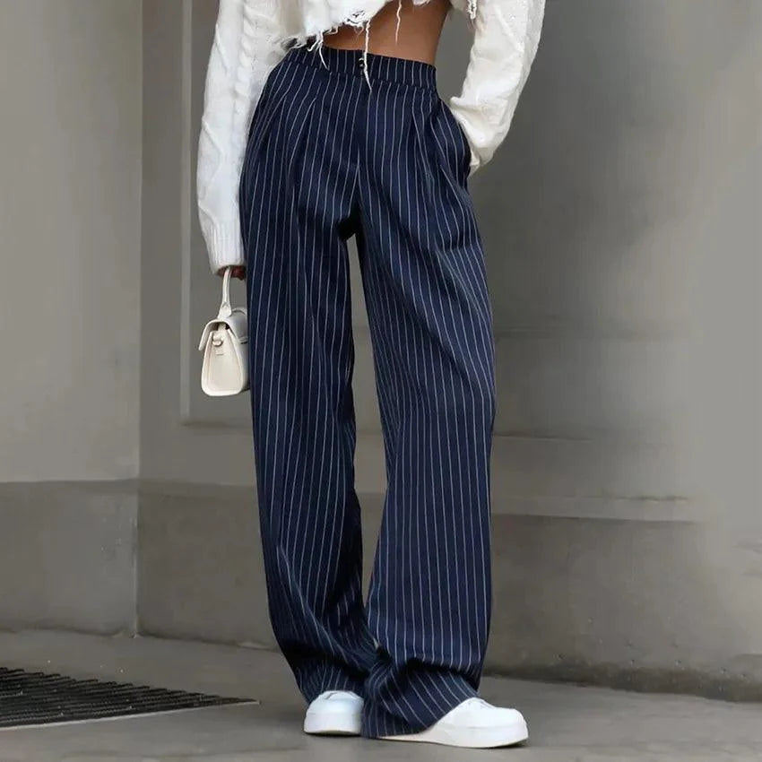 Women's Pinstripe Trousers - High-Waisted Wide Leg - Flattering Fit - Classic Formal Wear