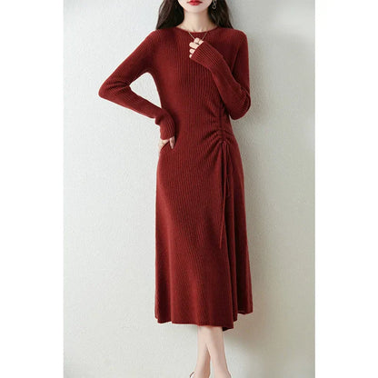 Women's Ribbed Knit Midi Dress - Long Sleeve - Gathered Side - Flared Hem