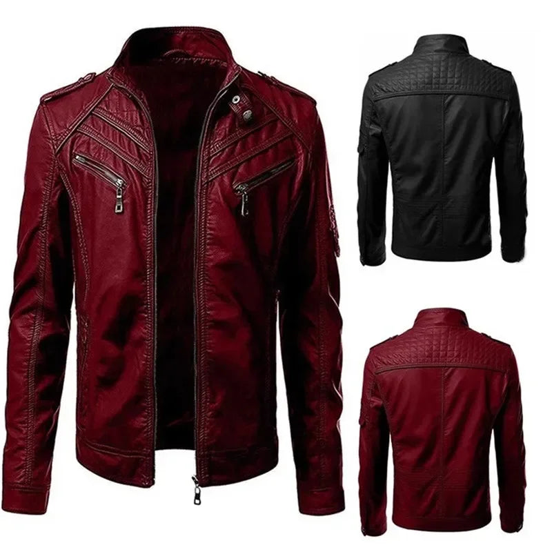 Men's leather jacket with stand collar and zipper pockets