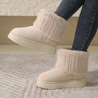 Women’s Snow Boots – Half-High Knit with Faux Fur Trim – Thick Sole Supportive Fit