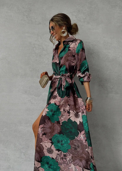 Women's Maxi Shirt Dress - Floral Print - Long Sleeve - Button-Down with Tie Waist