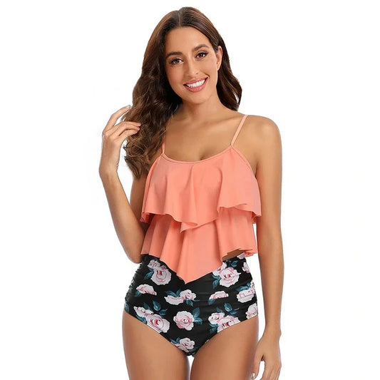 Women’s Bikini Set – Ruffled Top – Ruched High Rise Bottom – Modest Full Coverage