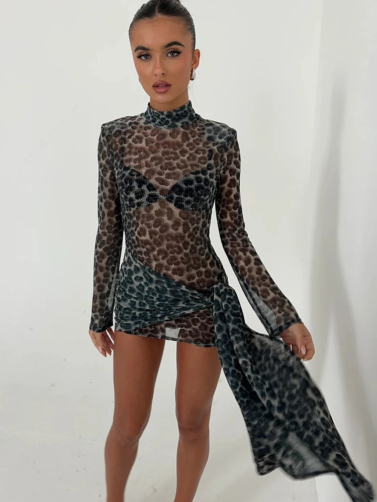 Women's Mini Dress - Animal Print - Turtleneck Long Sleeve - Fitted Draped Hem