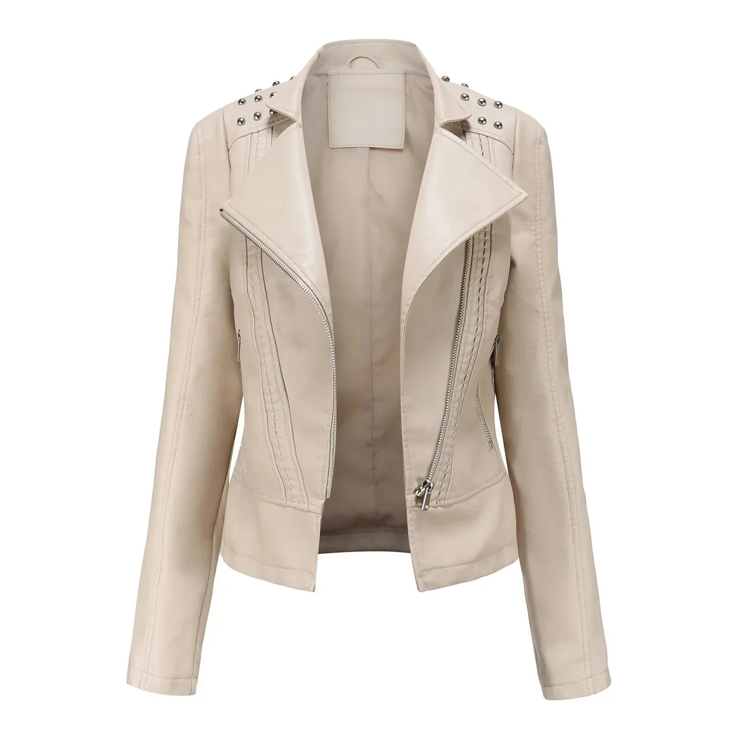 Women’s Tailored Jacket – Structured Fit – Cropped Waist – Studded Shoulders – Zip Closure
