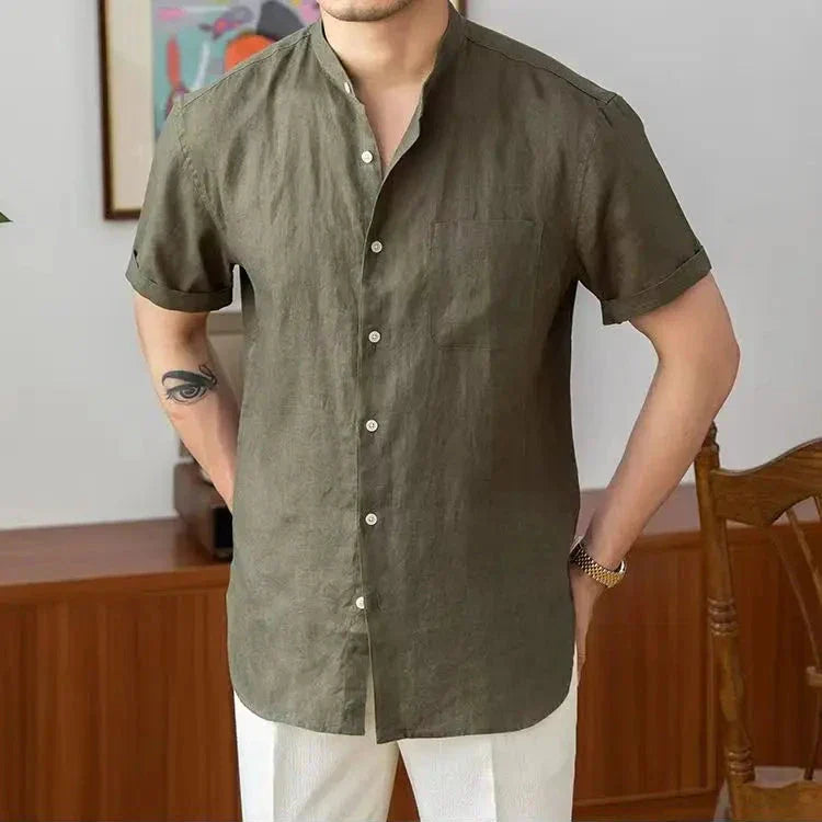 Men’s Linen Shirt – Relaxed Fit – Mandarin Collar – Long Sleeve Button-Up Casual Wear