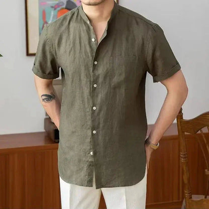 Men’s Linen Shirt – Relaxed Fit – Mandarin Collar – Long Sleeve Button-Up Casual Wear