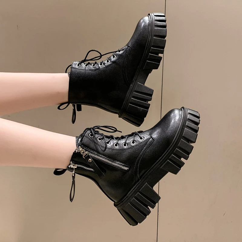 Women's Chunky Combat Boots - Lace-Up - Platform Sole - Side Zip - Edgy Street Style