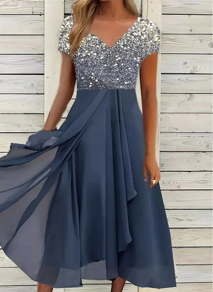 Women's Midi Dress - V-Neck - Short Sleeve - Floral Print - Flowing A-Line Silhouette