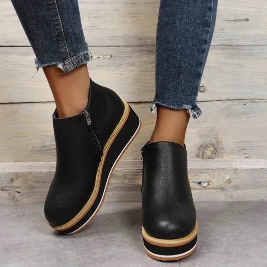 Women’s Ankle Boots – Platform Sole – Side Zip – Synthetic Leather – Snug Fit