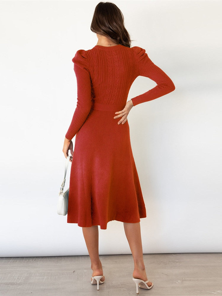Women's Knit Midi Dress - Fit and Flare - Long Sleeve - Round Neck - Tie Waist Elegant Wear